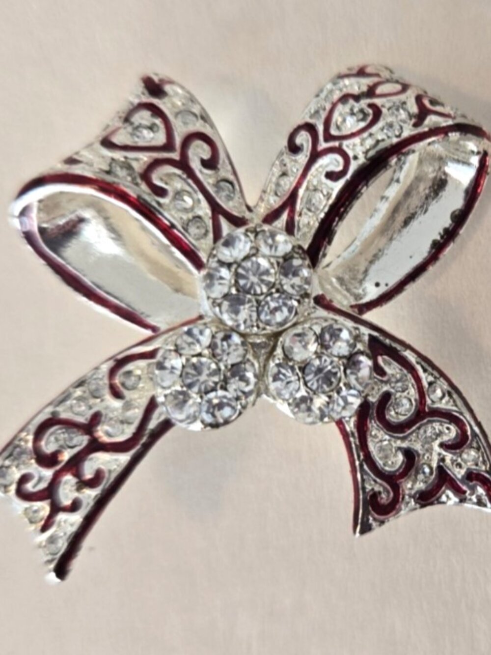 Vintage MONET Red Enamel Rhinestones Silver Tone Bow Brooch Pin 1.25"